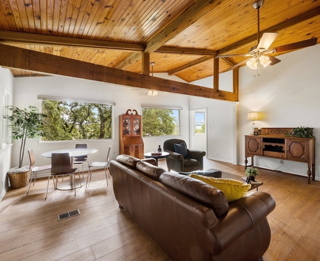 living room featuring a wealth of natural light, light hardwood / wood-style flooring, lofted ceiling with beams, and wooden ceiling