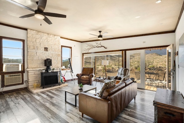 9301 Terlingua Ranch Rd Unit 8025, Alpine, TX 79852 - living room with dark hardwood / wood-style flooring, a wood stove, ceiling fan, and ornamental molding