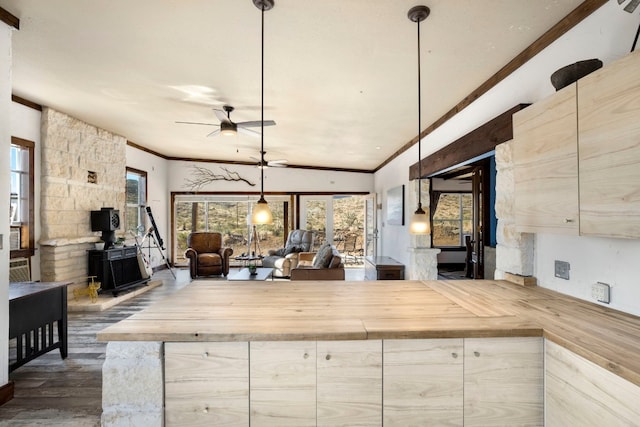 9301 Terlingua Ranch Rd Unit 8025, Alpine, TX 79852 - kitchen featuring ceiling fan, dark wood-type flooring, wooden counters, vaulted ceiling, and decorative light fixtures