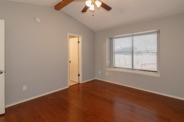 spare room with vaulted ceiling with beams, ceiling fan, and dark hardwood / wood-style flooring