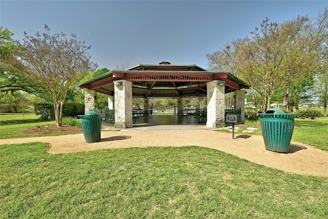 view of community featuring a gazebo and a lawn