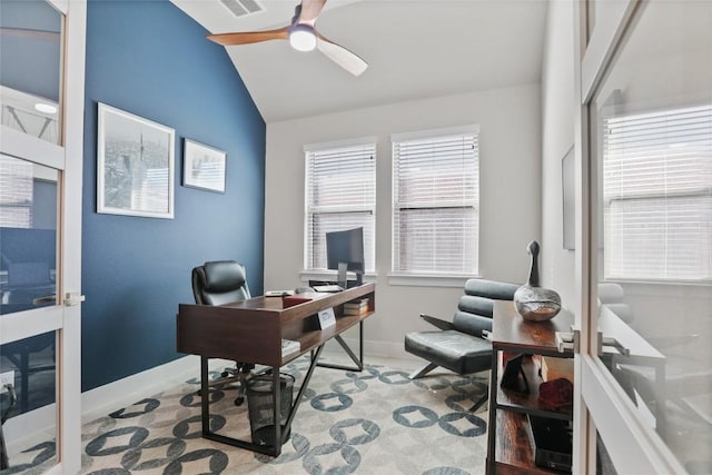 office featuring ceiling fan and lofted ceiling