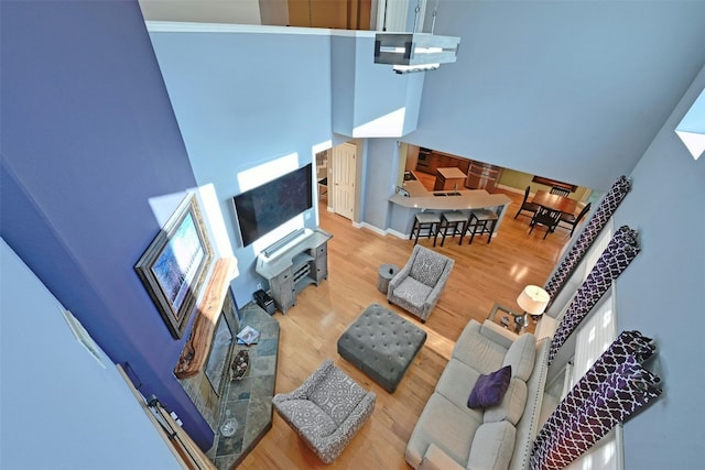 living room featuring a high ceiling and hardwood / wood-style flooring