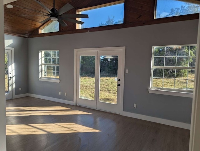 interior space with hardwood / wood-style floors, high vaulted ceiling, ceiling fan, and wooden ceiling