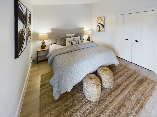 bedroom featuring wood-type flooring and a closet