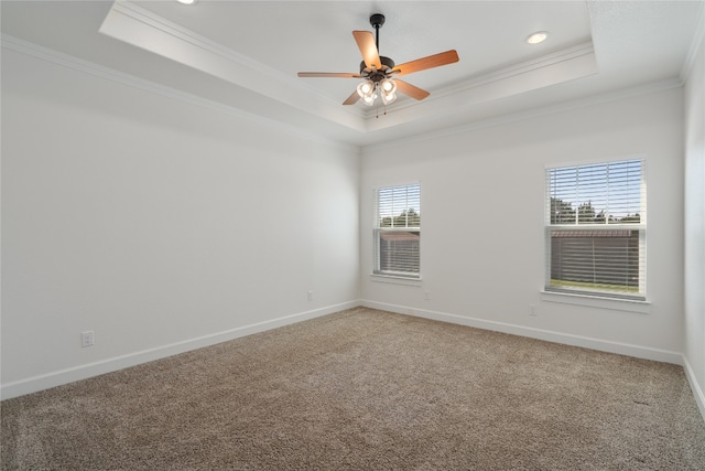 unfurnished room featuring carpet flooring, a tray ceiling, crown molding, and a healthy amount of sunlight