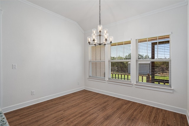 unfurnished room featuring wood-type flooring, lofted ceiling, an inviting chandelier, and ornamental molding