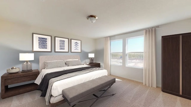 bedroom with light colored carpet