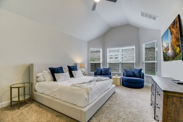 bedroom with light carpet, ceiling fan, and lofted ceiling