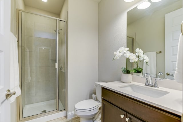 bathroom with vanity, toilet, and a shower with door