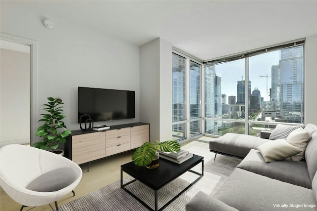 living room featuring light hardwood / wood-style floors and a wall of windows