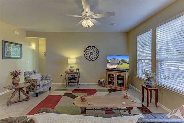 living room with ceiling fan