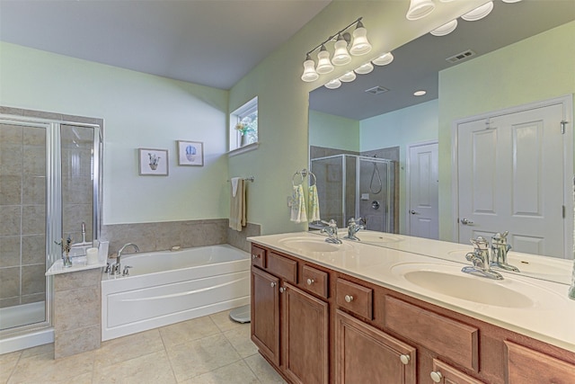 bathroom with tile patterned floors, vanity, and plus walk in shower