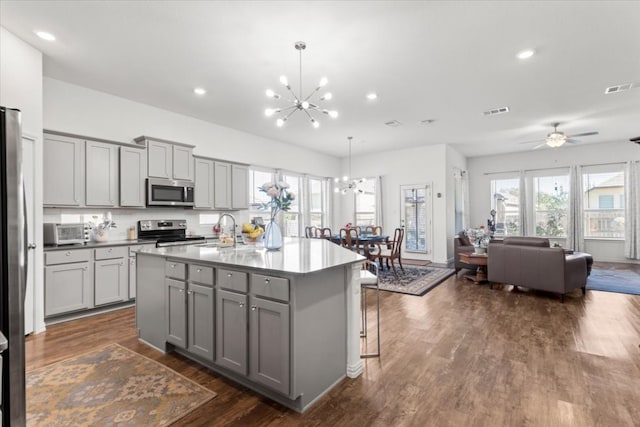 kitchen with gray cabinets, a kitchen island with sink, and stainless steel appliances