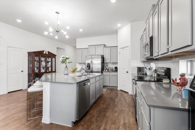 kitchen featuring appliances with stainless steel finishes, sink, gray cabinetry, and an island with sink