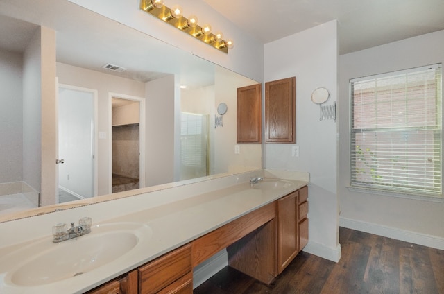 bathroom with hardwood / wood-style flooring and vanity