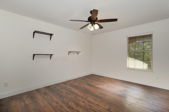 unfurnished room featuring ceiling fan and dark wood-type flooring