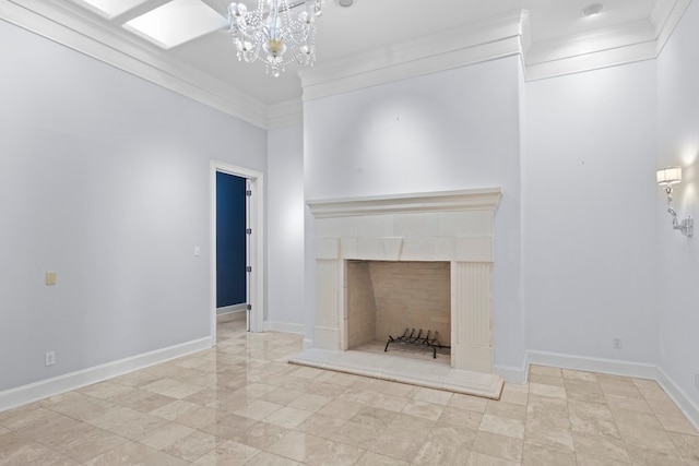 unfurnished living room with crown molding, a fireplace, and a chandelier