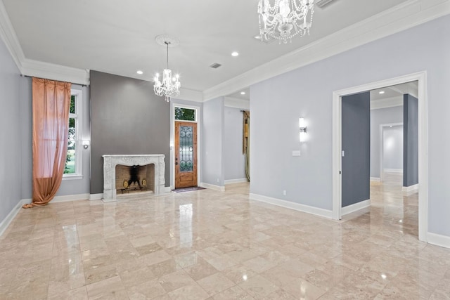 unfurnished living room featuring a notable chandelier, ornamental molding, and a fireplace