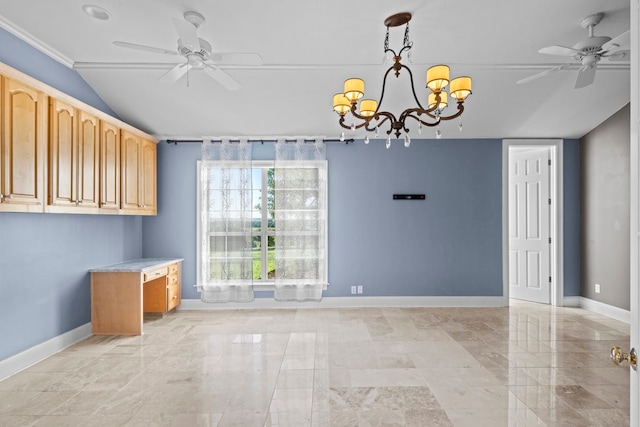 unfurnished room with ceiling fan with notable chandelier and vaulted ceiling