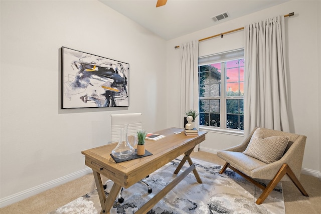 office area featuring light colored carpet