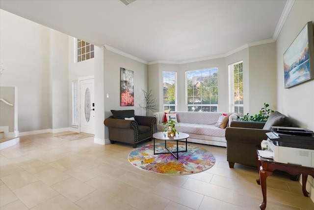 living room with light tile patterned floors and ornamental molding