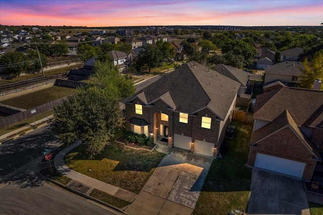 view of aerial view at dusk