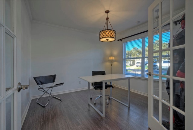 office space with french doors, dark wood-type flooring, and ornamental molding