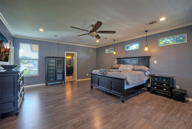 bedroom with ceiling fan, crown molding, and dark wood-type flooring