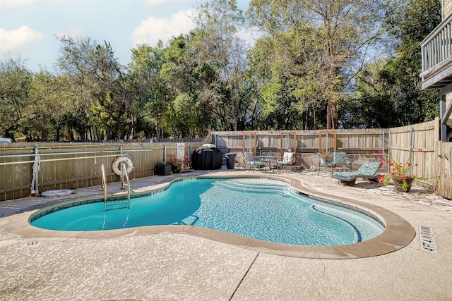 6700 Cooper Ln Unit 9, Austin, TX 78745 - view of swimming pool with a fenced backyard, a patio area, and view of scattered trees