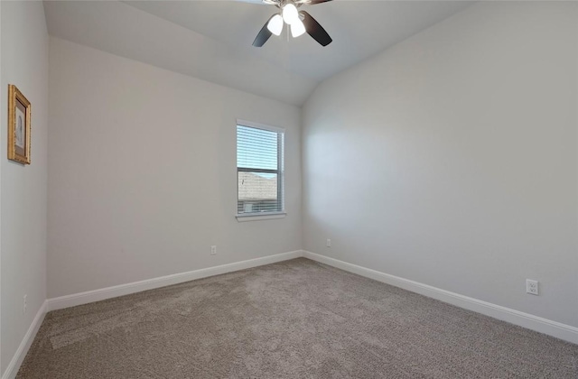 unfurnished room featuring carpet flooring, ceiling fan, and lofted ceiling