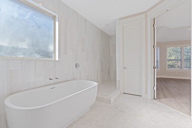 bathroom featuring a freestanding tub and a walk in shower