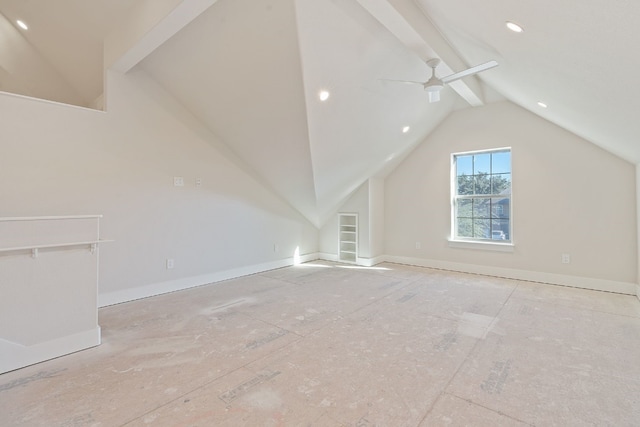 bonus room with lofted ceiling with beams and ceiling fan