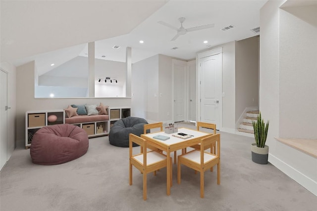 dining space featuring recessed lighting, visible vents, light colored carpet, and stairway