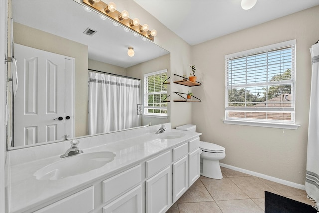 bathroom featuring tile patterned floors, vanity, toilet, and a shower with shower curtain