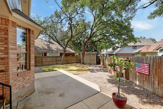 view of patio with a storage unit