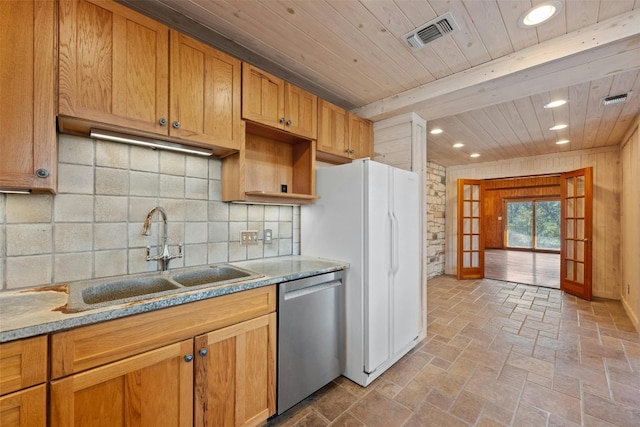 kitchen featuring light stone countertops, sink, wooden ceiling, stainless steel dishwasher, and backsplash