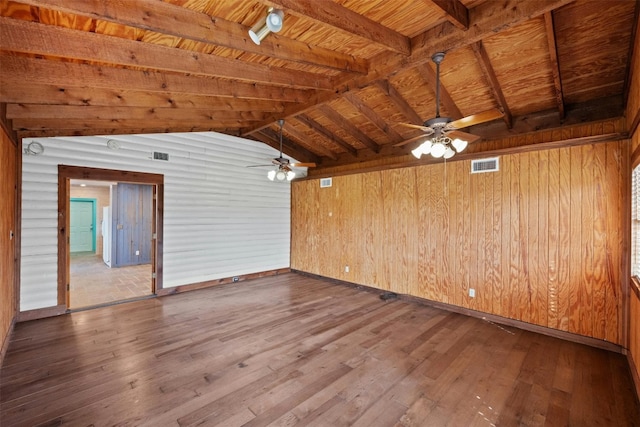 interior space featuring hardwood / wood-style floors, lofted ceiling with beams, wood walls, and wooden ceiling