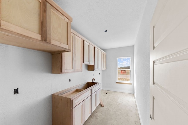 interior space with light carpet, light brown cabinetry, and a textured ceiling