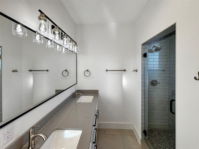 bathroom featuring tile patterned flooring, vanity, and an enclosed shower