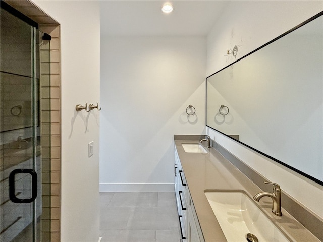 bathroom with tile patterned flooring, vanity, and walk in shower