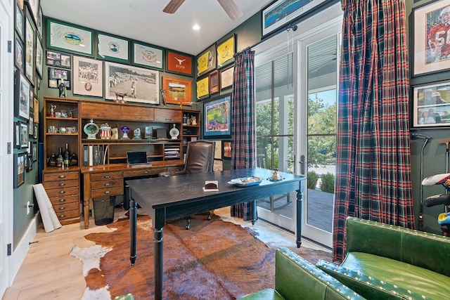 office space with ceiling fan and hardwood / wood-style floors