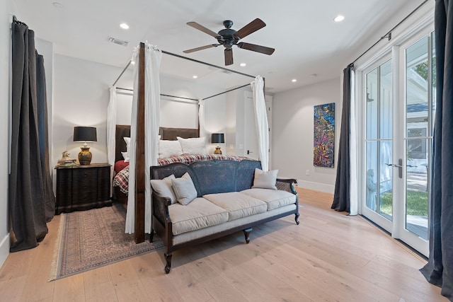 bedroom with access to outside, ceiling fan, and light hardwood / wood-style flooring