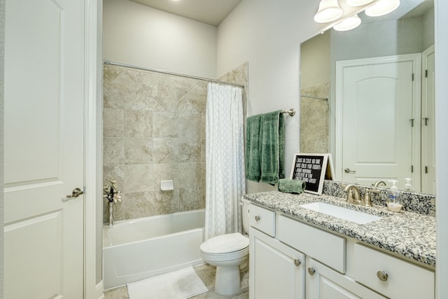 full bathroom with tile patterned flooring, shower / bath combination with curtain, vanity, and toilet