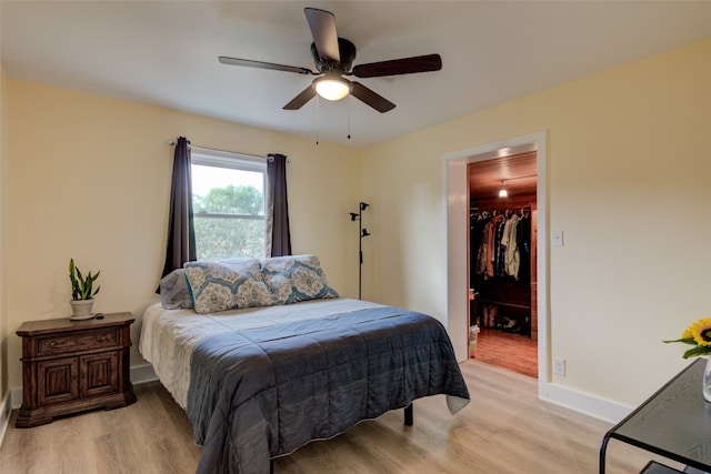 bedroom featuring a walk in closet, a closet, light hardwood / wood-style flooring, and ceiling fan