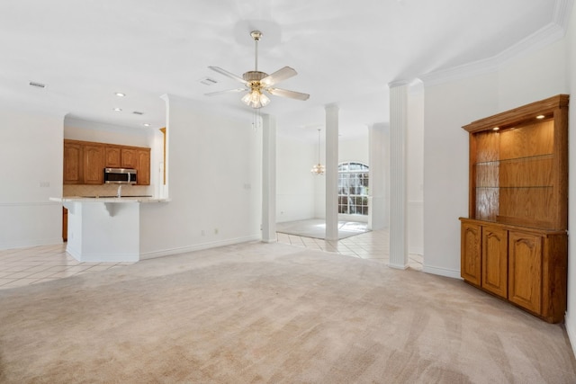 3600 Sawmill Dr, Austin, TX 78749 - unfurnished living room with ceiling fan, crown molding, light colored carpet, and light tile patterned floors
