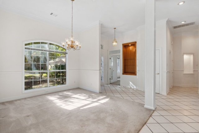 3600 Sawmill Dr, Austin, TX 78749 - carpeted empty room with crown molding, tile patterned floors, decorative columns, a towering ceiling, and a chandelier