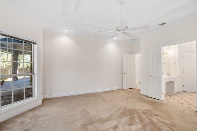 3600 Sawmill Dr, Austin, TX 78749 - unfurnished bedroom featuring crown molding, light colored carpet, recessed lighting, ensuite bathroom, and ceiling fan