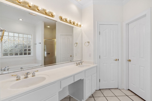 3600 Sawmill Dr, Austin, TX 78749 - full bathroom with ornamental molding, a shower stall, double vanity, a bath, and tile patterned floors