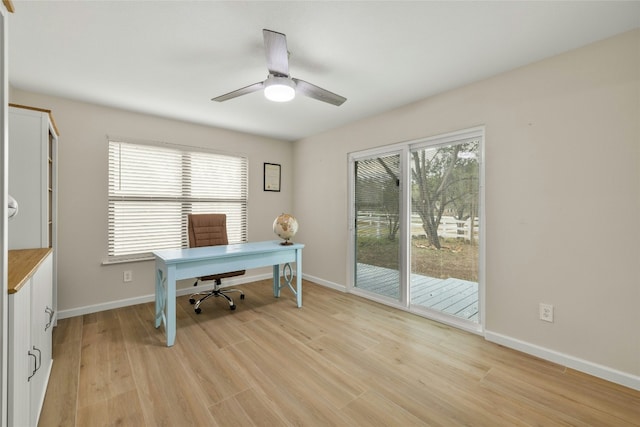 office area with a wealth of natural light, light hardwood / wood-style flooring, and ceiling fan